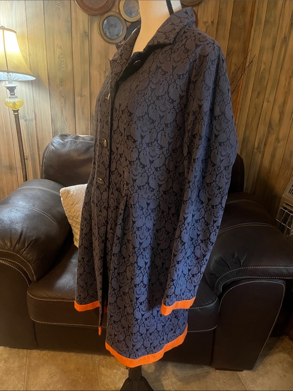Miss Curvista Navy Blue/Mandarin Brocade Swing Jacket/Coat Paisley Boho Cottagec - Picture 4 of 10